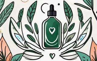 A bottle of hemp oil surrounded by various symbols of health like a heart
