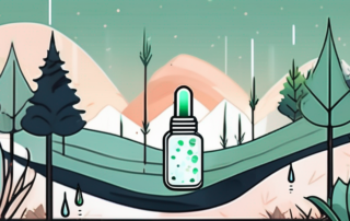 A cbd oil dropper with a few drops falling into a serene landscape