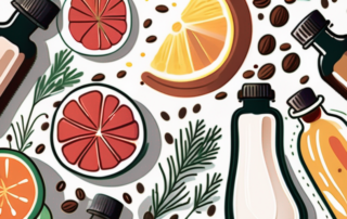 A bottle of flaxseed oil (leinöl) surrounded by various healthy foods like fruits