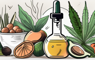 A dropper bottle of hemp oil surrounded by various healthy foods and a checklist