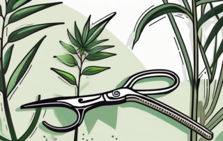 A hemp plant in full bloom with a pair of gardening shears nearby