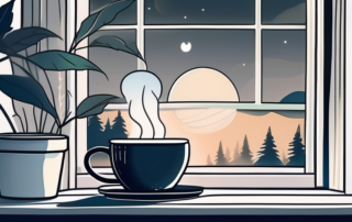 A calming bedroom scene at night with a steaming cup of hemp tea on a bedside table and a hemp plant nearby