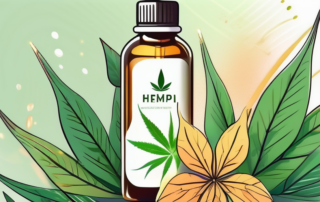 A bottle of hemp oil with radiant light emanating from it