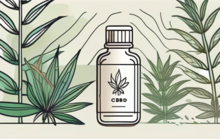 A cbd full-spectrum oil bottle with a hemp plant in the background