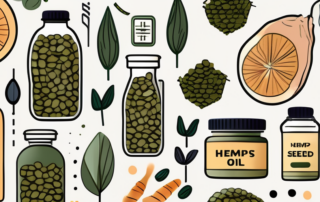 A bottle of hemp seed oil surrounded by weight loss symbols like a measuring tape and healthy foods