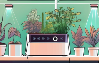 An indoor smart garden with various types of plants growing in high-tech pots