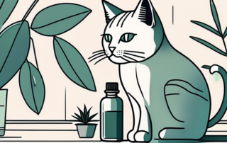A cat peacefully sitting next to a bottle of cbd oil and a hemp plant