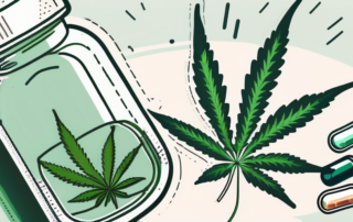 A cannabis leaf juxtaposed with a bottle of pills