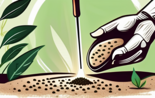 A few hemp seeds being planted in fertile soil with a small gardening tool