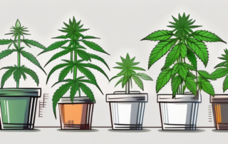 Several indoor cannabis plants at different stages of growth