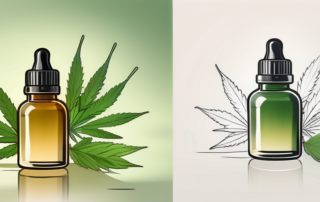 A dropper bottle of cannabis oil with a few cannabis leaves around it