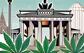 A cannabis plant with a focus on its trichomes (where hhc is derived from) against a backdrop of german landmarks like the brandenburg gate and the cologne cathedral