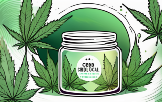 A jar of cream surrounded by hemp leaves and cbd oil droplets