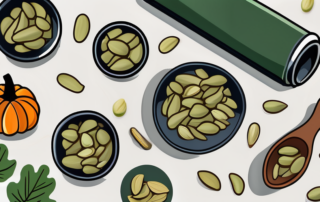 A variety of dm pumpkin seeds scattered on a rustic table with a few health-related items