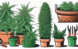 Various outdoor cannabis plants at different stages of harvest