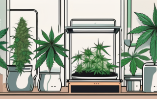 A thriving cannabis plant in a well-equipped indoor garden setup