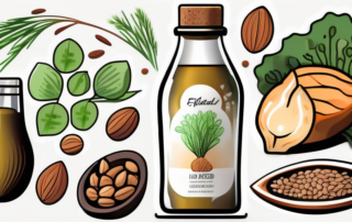 A bottle of flaxseed (leinöl) oil surrounded by various healthy foods like salad