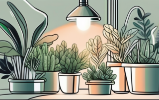 A variety of healthy plants under a glowing artificial light source