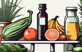 A bottle of hemp oil surrounded by various healthy foods like fruits and vegetables