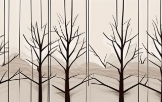 A few trees with their branches being supported by wooden stakes and ropes