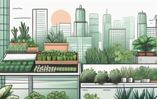 A city skyline with various urban farming elements such as rooftop gardens