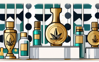 A golden trophy surrounded by various types of cbd oil bottles
