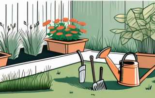 A small backyard garden with various stages of grass growth