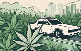 A car on a road surrounded by cannabis plants