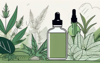 A cbd oil dropper bottle surrounded by various natural elements