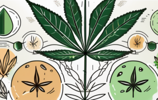 A hemp plant with various elements like seeds