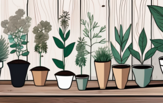 Various types of autoflowering seeds scattered on a wooden surface with a lush outdoor garden in the background