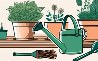 Various gardening tools such as a watering can