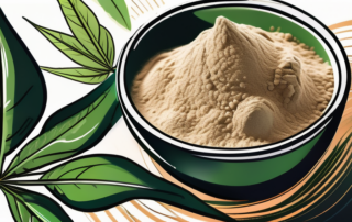 A scoop of hemp protein powder surrounded by hemp leaves