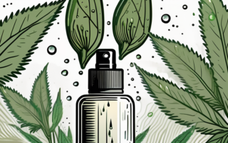 A hemp spray bottle surrounded by hemp plants