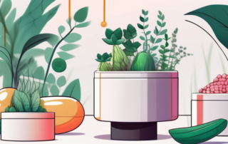 A variety of colorful vegan capsules placed on a pedestal