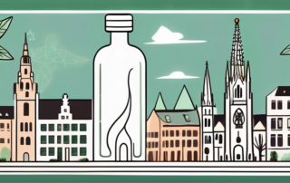 The munich cityscape with a cbd oil bottle and hemp leaves subtly integrated into the scene