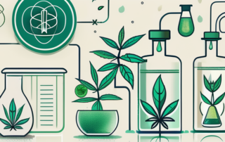 A hemp plant with oil droplets extracting from it against a background of scientific symbols and health icons