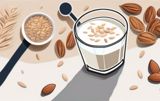 A glass of oat almond milk surrounded by oats and almonds