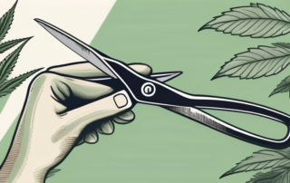 A healthy hemp plant being pruned with a pair of gardening shears