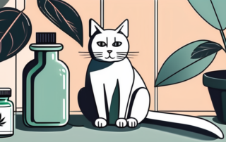 A cat sitting peacefully beside a small bottle of cbd oil