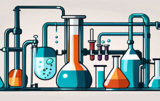 A laboratory setup with a variety of chemical flasks and apparatus