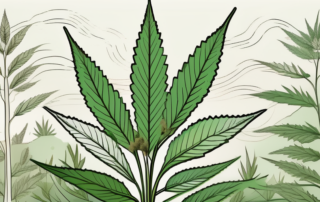 A hemp plant with various parts highlighted to indicate their health benefits