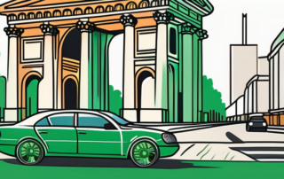 A car on a german road with recognizable landmarks such as the brandenburg gate or cologne cathedral in the background