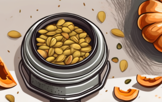 Ground pumpkin seeds in a rustic grinder with a few whole pumpkin seeds scattered around