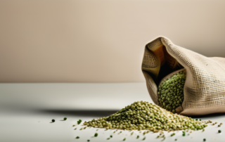 A handful of hemp seeds spilling out from a burlap sack