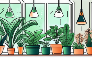 Several different types of led grow lights shining brightly over a variety of indoor plants