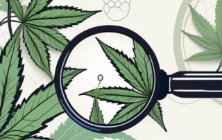 A medical marijuana plant with a magnifying glass focusing on its buds