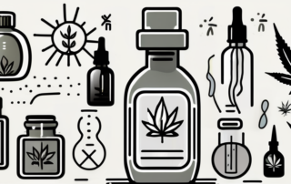 A cbd oil bottle with a hemp leaf icon on it