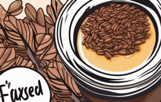 A bottle of flaxseed oil and a small pile of flaxseeds