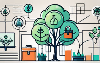 A growing tree with various business-related icons such as a briefcase